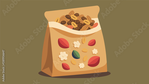 A bag of crunchy homemade granola filled with nuts seeds and dried fruits perfect for snacking onthego.. Vector illustration
