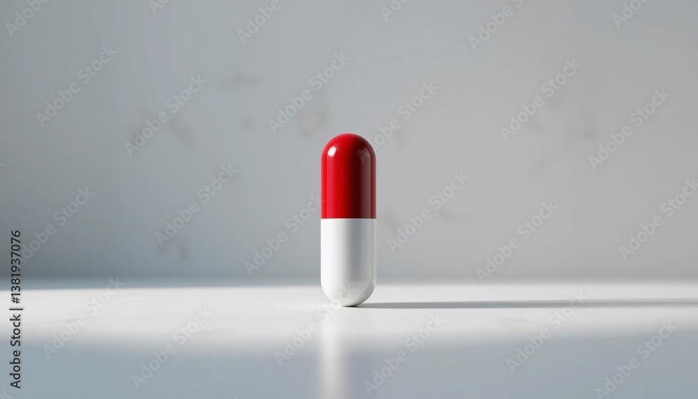 Single Red and White Capsule Pill on White Surface Medical Concept Pharmacy Single Red and White Capsule Pill on White Surface Medical Concept Pharmacy