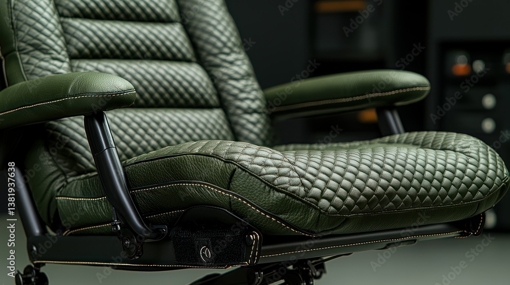 Fototapeta premium Olive, quilted, leather gaming chair, ergonomic design, adjustable arms, dark background