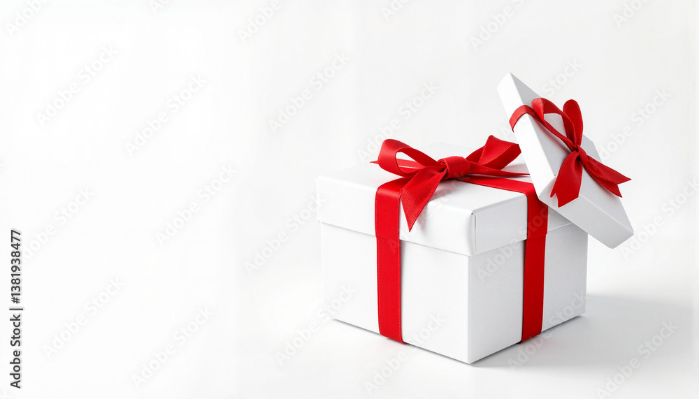 Fototapeta premium White gift box with red ribbon on light background 