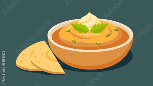A small bowl of hummus and pita bread paying homage to the beloved appetizer of the Mediterranean.. Vector illustration