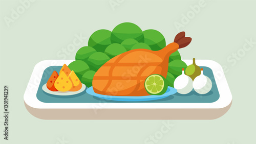 A broiled chicken served with roasted sweet potatoes and Brussels sprouts all cooked on the same sheet pan for easy cleanup.. Vector illustration