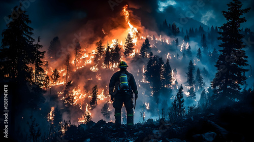 Firefighter battling wildfire at night