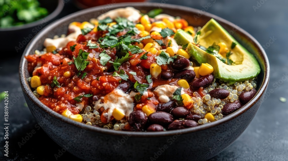 A vibrant close-up of a healthy quinoa bowl with black beans corn avocado and salsa in a dark bowl with cilantro garnish on a black background A vibrant close-up of a healthy quinoa bowl with black beans corn avocado and salsa in a dark bowl with cilantro garnish on a black background