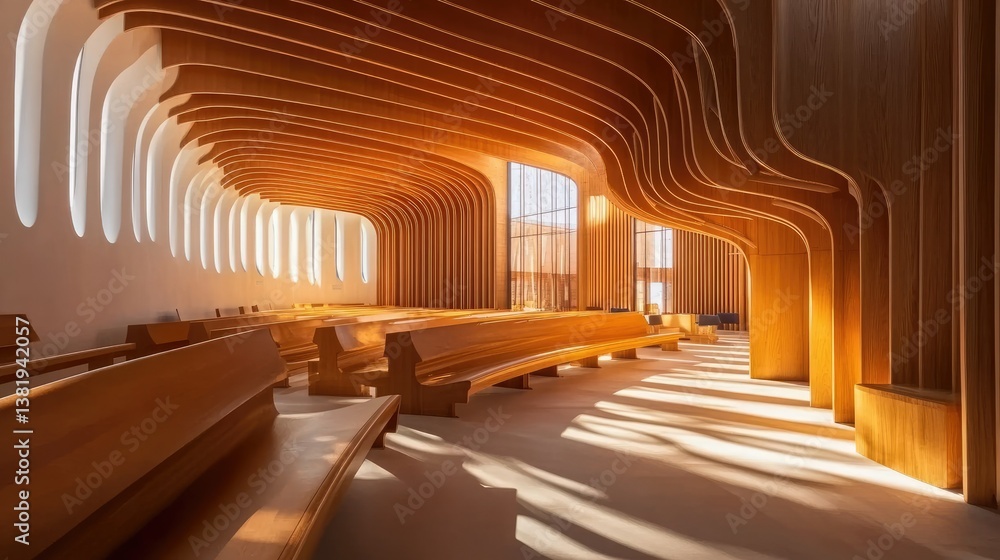Obraz premium Sunlit Sanctuary: A Modern Wooden Chapel's Interior