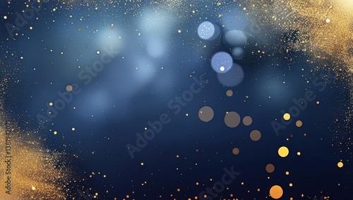 Abstract Dark Blue And Gold Particle Background Featuring Christmas Golden Light Bokeh, Shining Particles On Navy Blue With Gold Foil Texture, Evoking A Festive Holiday Atmosphere. 