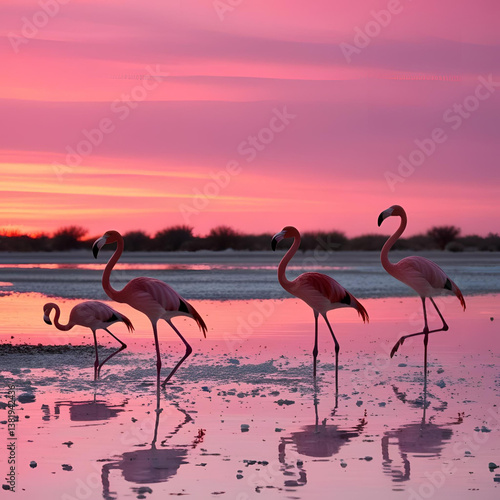 Flamingos wading in salt lake at sunset with pink and orange reflections
