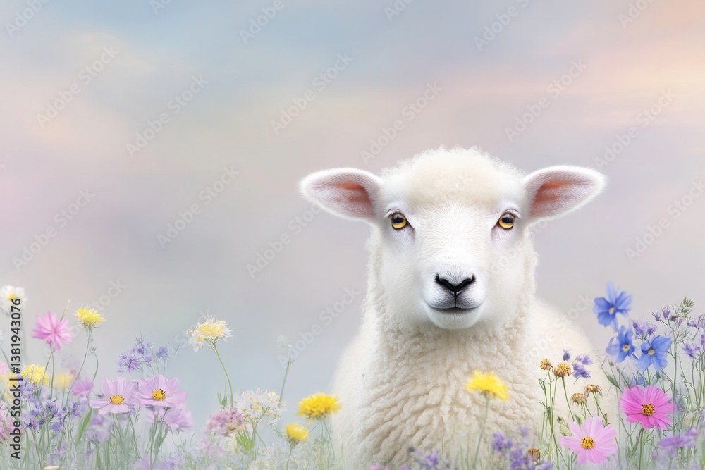 Obraz premium A fluffy sheep standing in a field of wildflowers, its wool thick and soft