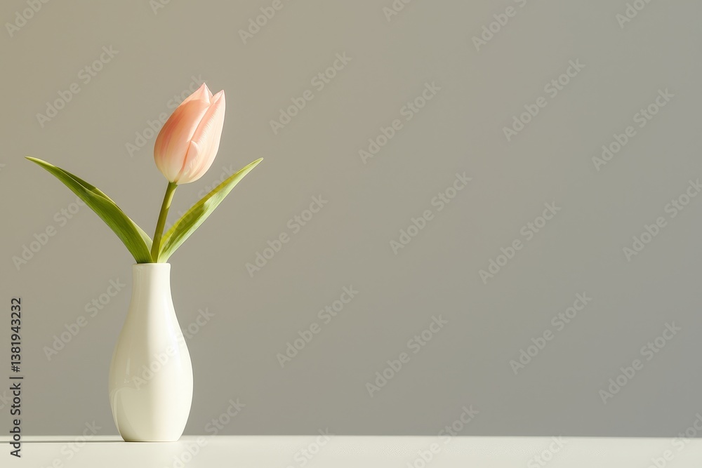 Elegant pink tulip in white vase against minimalist grey background
