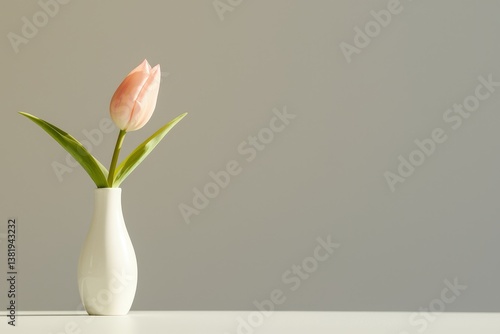 Obraz na płótnie Elegant pink tulip in white vase against minimalist grey background w salonie
