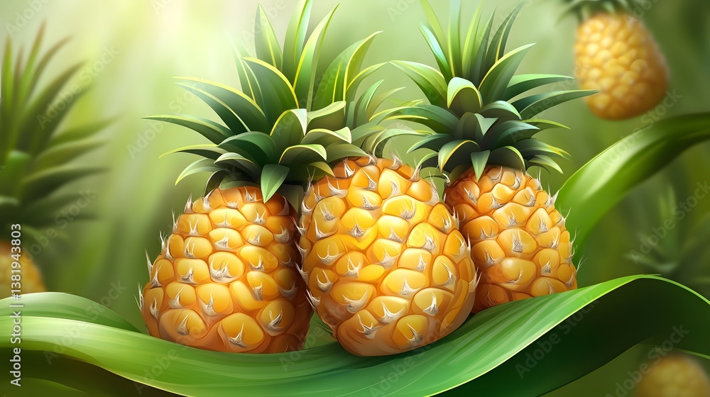 Exotic Pineapples Arranged on Vibrant Green Leaf: Fresh Tropical Fruit Display.
