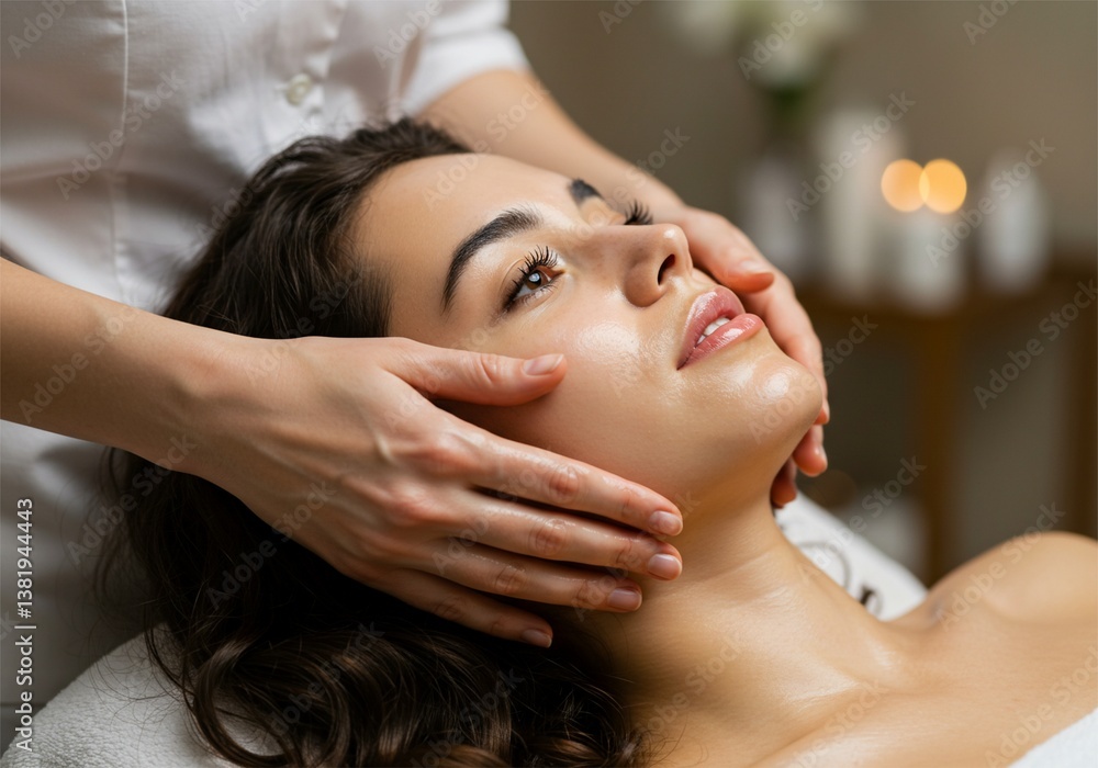Naklejka premium beautiful young Asian woman doing facial skin care. The woman's face is massaged with a very relaxed face
