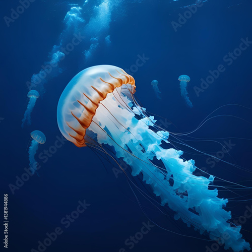 Bioluminescent jellyfish drifting in deep blue ocean currents

