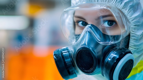 Close-up shot of person in gas mask for industrial and safety concepts.