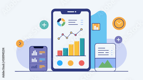 A mobile app transforms rows of numbers into charts and graphs making it easy for users to track their daily steps and set goals.. Vector illustration