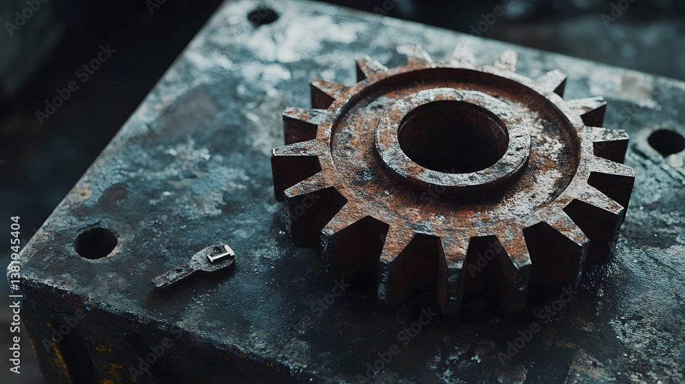 Rusty metal gear on worn table: Industrial machinery concept, engineering design background. Rusty metal gear on worn table: Industrial machinery concept, engineering design background.