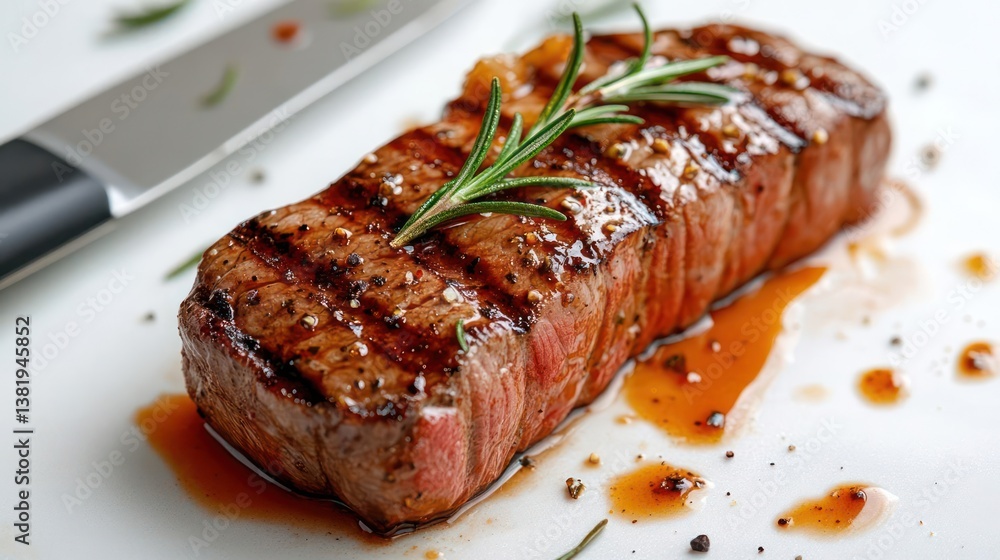 Grilled steak with rosemary garnish presented on a white surface beside a knife and peppercorns. Delicious and savory Grilled steak with rosemary garnish presented on a white surface beside a knife and peppercorns. Delicious and savory