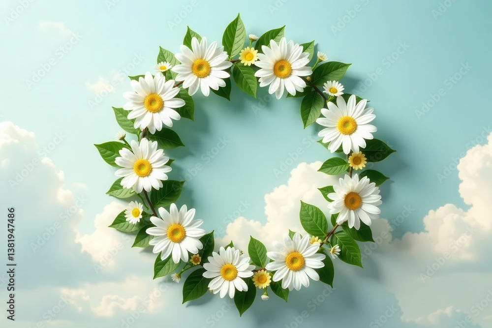 Obraz premium Serene Floral Wreath Encircling a Sky of Fluffy Clouds A Symbol of Purity, Peace, and Tranquility