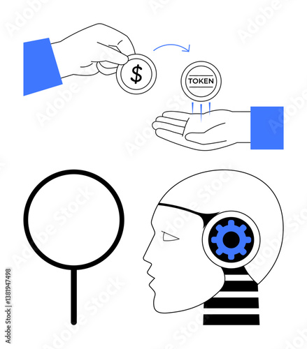 Hand holding dollar coin converting to token, AI head with gear, and magnifying glass. Ideal for cryptocurrency, finance, AI, innovation, blockchain digital economy data research. Flat simple