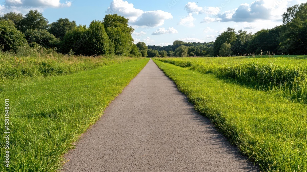 A gravel path stretches into the distance flanked by vibrant green grass and trees under a partly cloudy sky, showcasing a sunny outdoor scene A gravel path stretches into the distance flanked by vibrant green grass and trees under a partly cloudy sky, showcasing a sunny outdoor scene