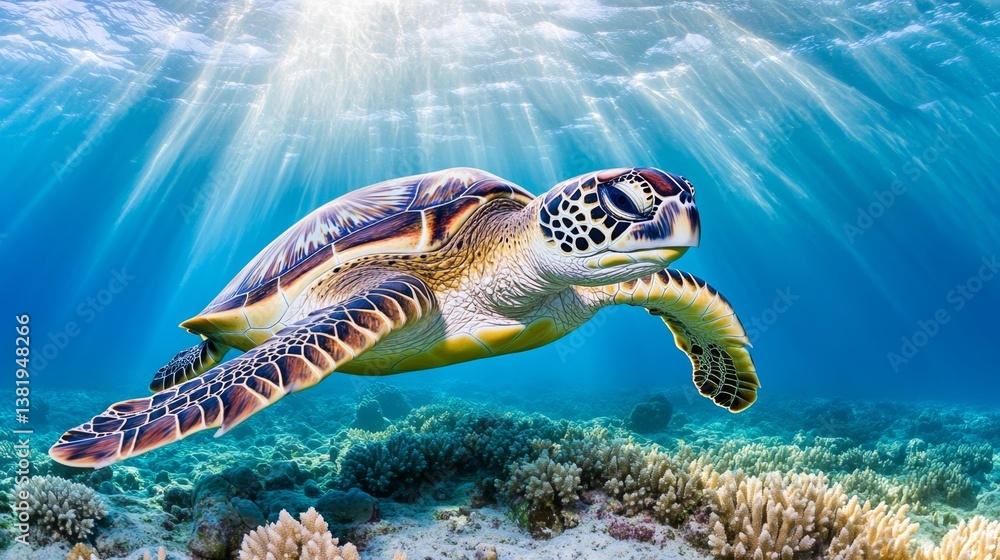 Fototapeta premium A graceful sea turtle gliding over a coral bed, illuminated by soft beams of sunlight filtering through the ocean surface