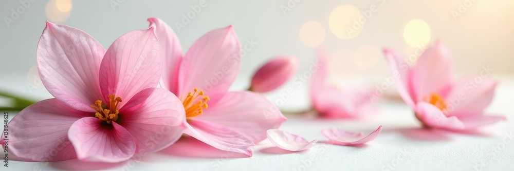 Delicate flower petals unfolding on a pristine white surface, garden, botanical Delicate flower petals unfolding on a pristine white surface, garden, botanical