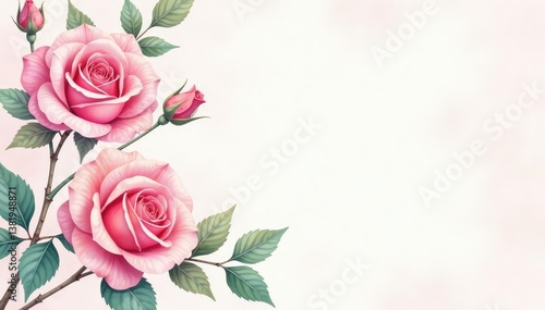 Fototapeta Naklejka Na Ścianę i Meble -  Delicate watercolor roses & leaves, soft pastel hues, illustration, repeat, petals