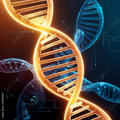 DNA double helix structure glowing against a dark background with abstract digital elements
