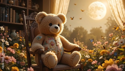 A charming teddy bear, with a patchwork design on its shirt, sits peacefully in a wooden rocking chair.