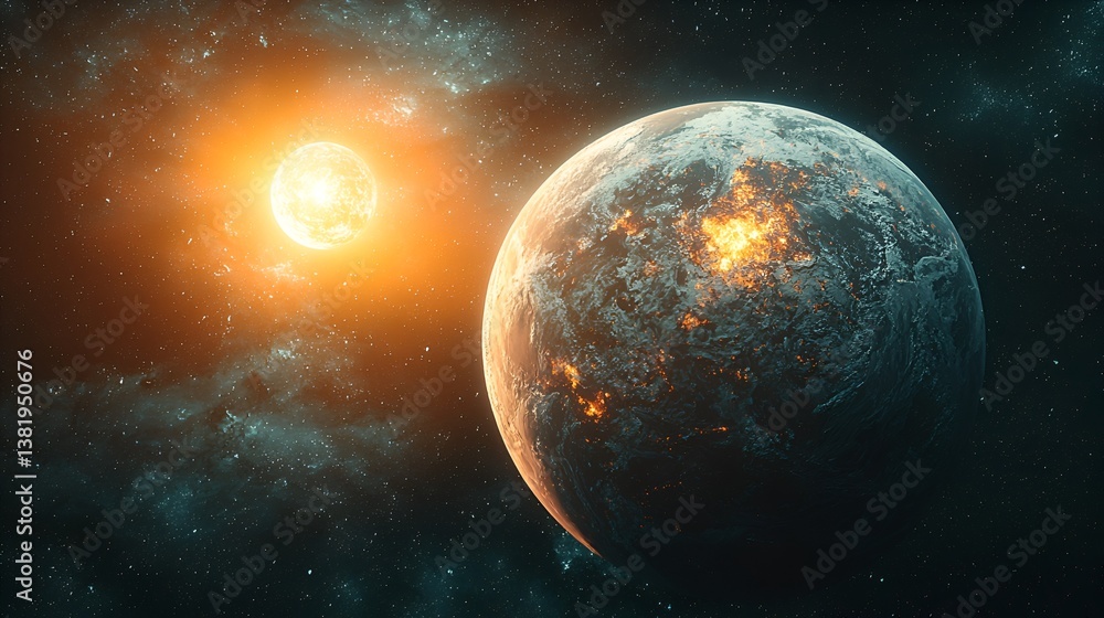 Obraz premium Fiery planet orbiting a bright star in space.