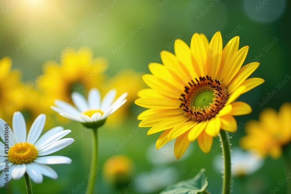 Naklejka premium One bright yellow sunflower among white daisies, sunflower, single