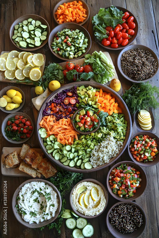 Colorful Vegan Feast on Rustic Wooden Table Highlighting Plant-Based Dishes and Natural Ingredients Colorful Vegan Feast on Rustic Wooden Table Highlighting Plant-Based Dishes and Natural Ingredients