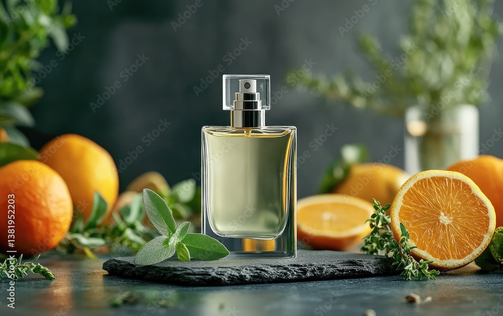 Citrus-Inspired Perfume Bottle Mockup with Fresh Oranges Citrus-Inspired Perfume Bottle Mockup with Fresh Oranges