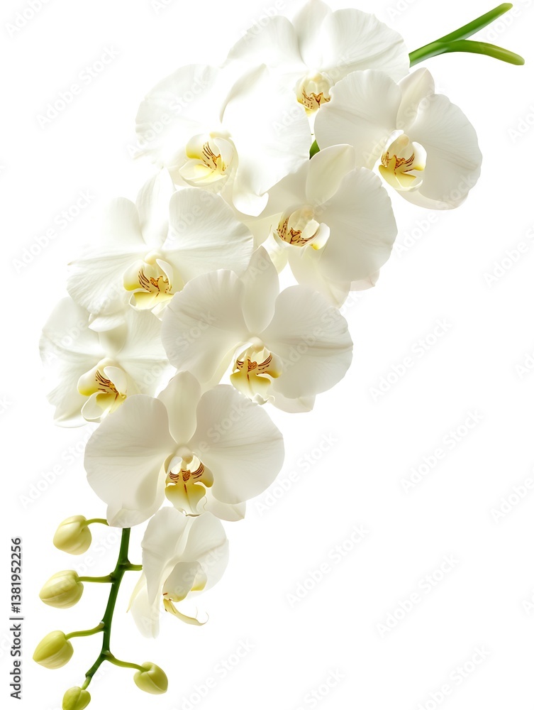 Serene cascade of pristine white orchids against a bright background Serene cascade of pristine white orchids against a bright background