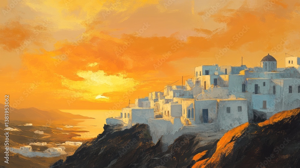 Vibrant sunset bathes Mykonos whitewashed houses in a warm golden glow