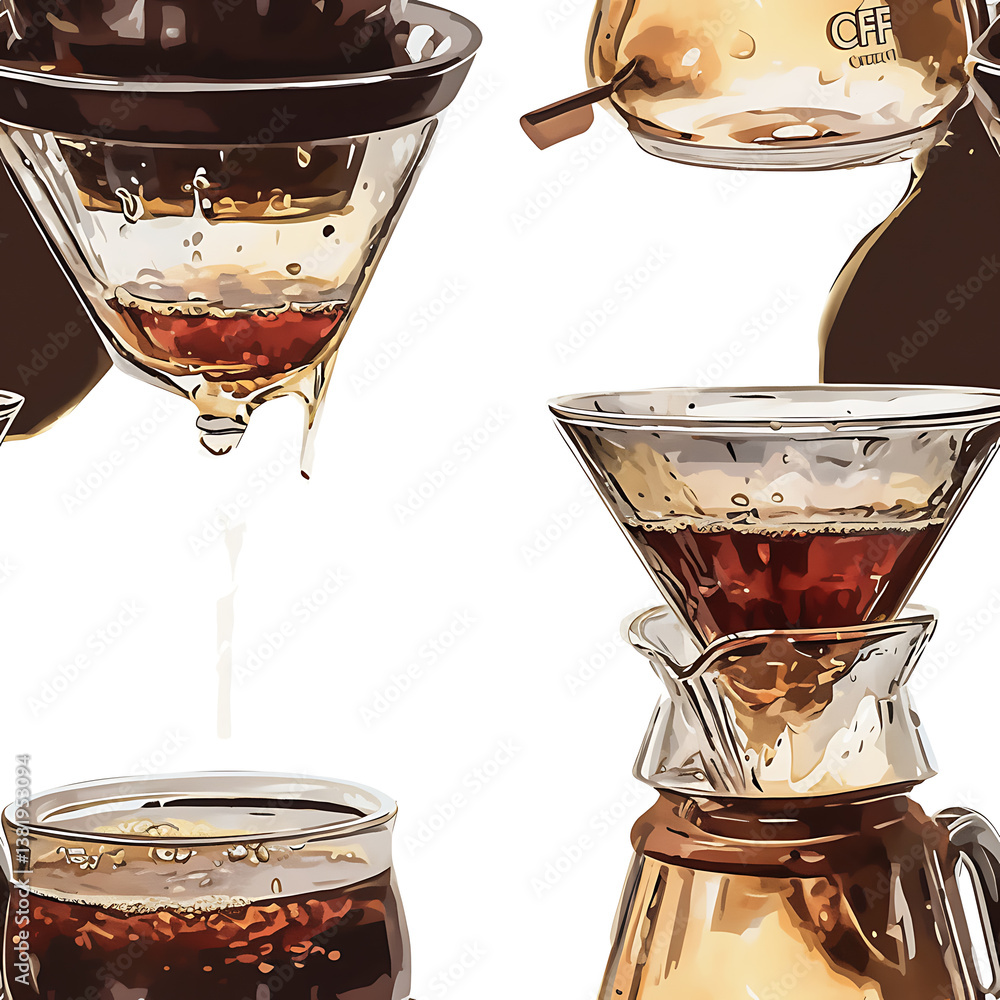 seamless pattern Realistic and artistic illustrations of coffee beans, brewing equipment, coffee cups for background or wallpaper