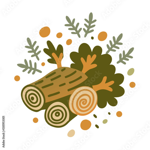 Stylized Wood Pile with Foliage Illustration