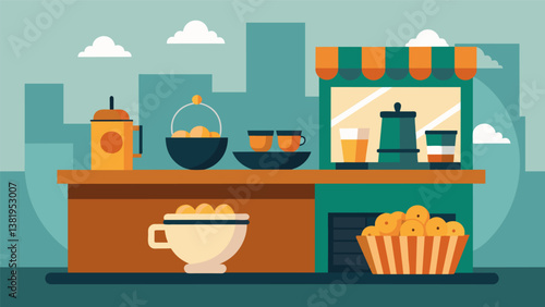 A relaxing and casual setting perfect for grabbing a bowl of cereal and coffee on the go from the convenient cereal bar.. Vector illustration