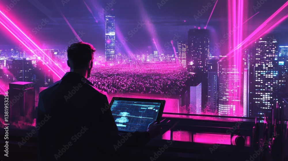 Obraz premium Cyberpunk city vista: A data analyst monitors a vibrant futuristic festival event