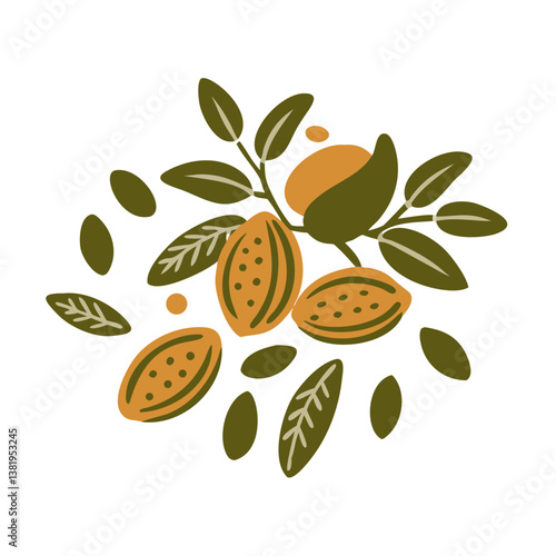 Sweet Almonds with Leaves Vector Illustration