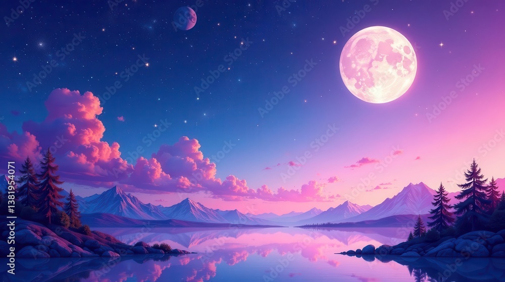 Fototapeta premium Serene Night Pink Clouds, Full Moon, and Majestic Mountain Reflections in a Calm Lake