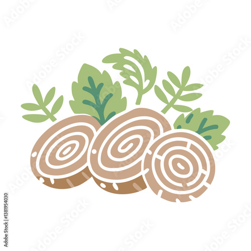Stylized Japanese Cypress Wood Slices and Leaves