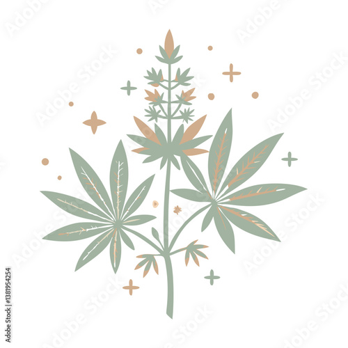Hemp Plant Illustration with Flowers and Leaves