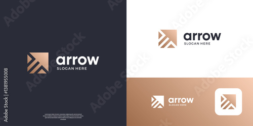 Golden right up arrow logo design template. Flat minimalist arrow symbol usable for business and corporate logos.