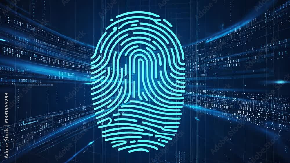 Glowing neon fingerprint biometric scanner on futuristic digital background representing data access control cybersecurity identity verification encryption personal security virtual authentication