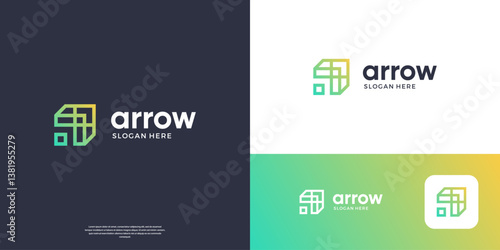 Right up arrow logo. Geometric arrow shape with green gradient line art style. Usable for business and financial logos.