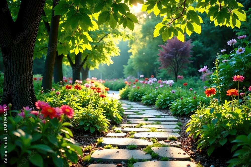 Fototapeta premium Stone pathway winding through garden, sun dappled leaves , sunlight, order, garden