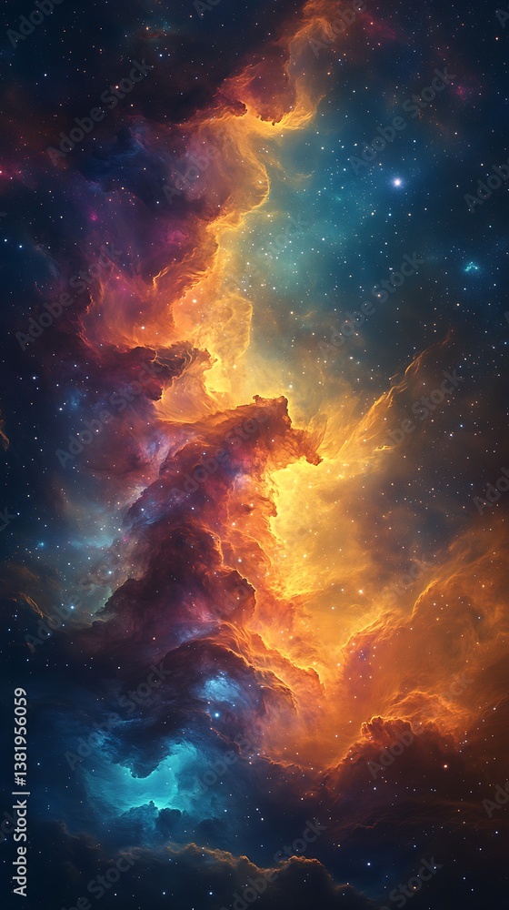 Obraz premium Vibrant Cosmic Cloud of Orange, Blue, and Purple Illuminated by Starry Specks
