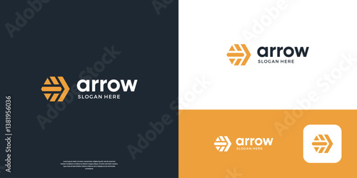 Geometric right arrow logo design. Strong hexagon shape with arrow symbol. Usable for business and logistics.