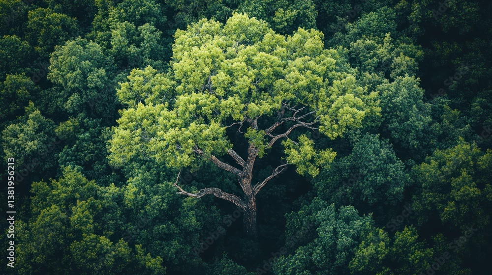 Obraz premium Aerial view Single tree in lush forest canopy